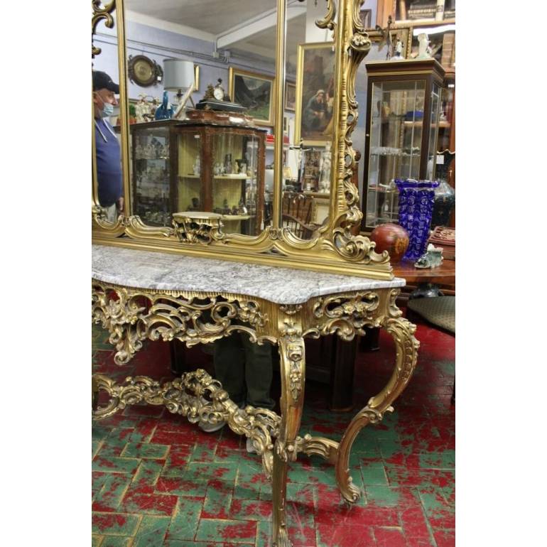 Antike Konsole mit großem Spiegel aus geschnitztem und vergoldetem