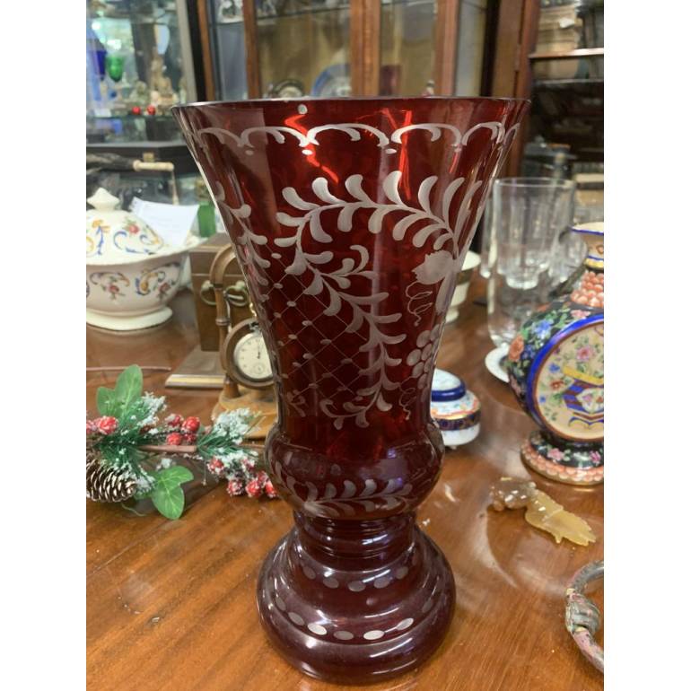 PRECIOUS LARGE RUBY RED BOHEMIAN CUT CRYSTAL VASE