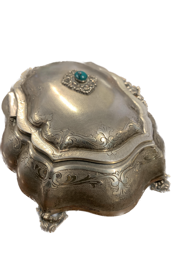 Precious casket box in 800 silver with rich chisel and cabochon turquoise -  Early 20th century