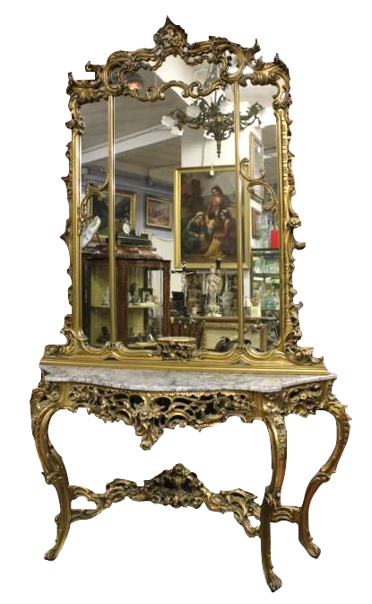 Antike Konsole mit großem Spiegel aus geschnitztem und vergoldetem