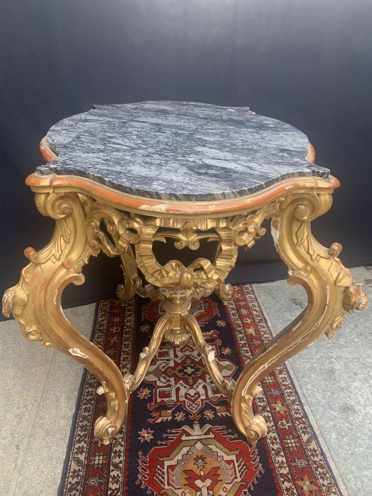 Stupendo antico tavolo consolle in legno intagliato e dorato con piano in  marmo epoca XX secolo